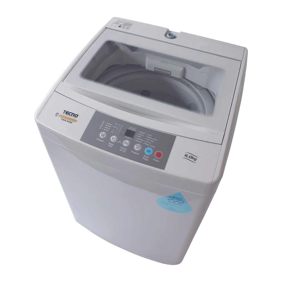 8kg Tecno Fully Automatic Top Load Fuzzy Logic Washer White