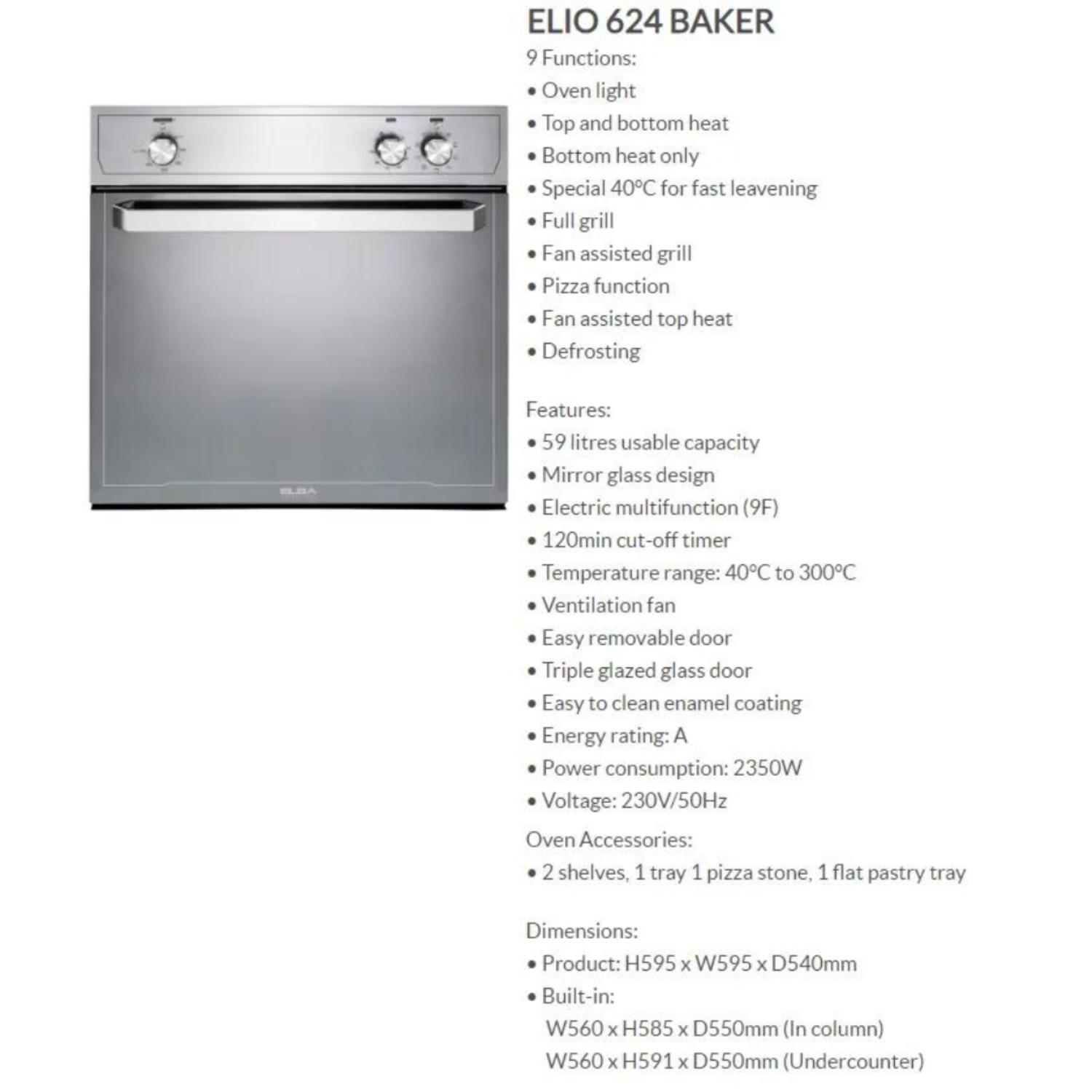 Elba ELIO 624 BAKER - 59L 8 Multi-function Built-in Oven Steel