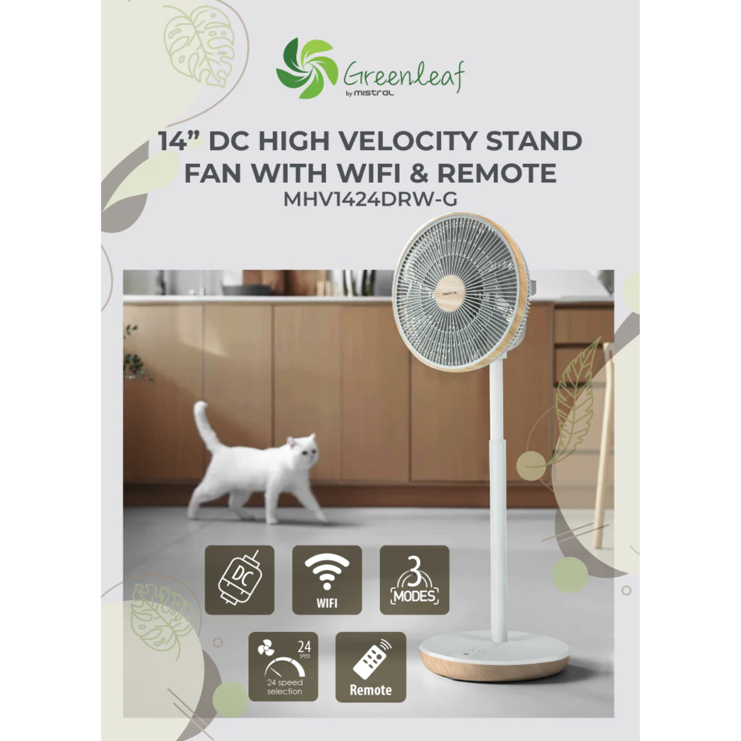 Mistral MHV1424DRW-G - 14” DC High Velocity Stand Fan with Wi-Fi & Remote