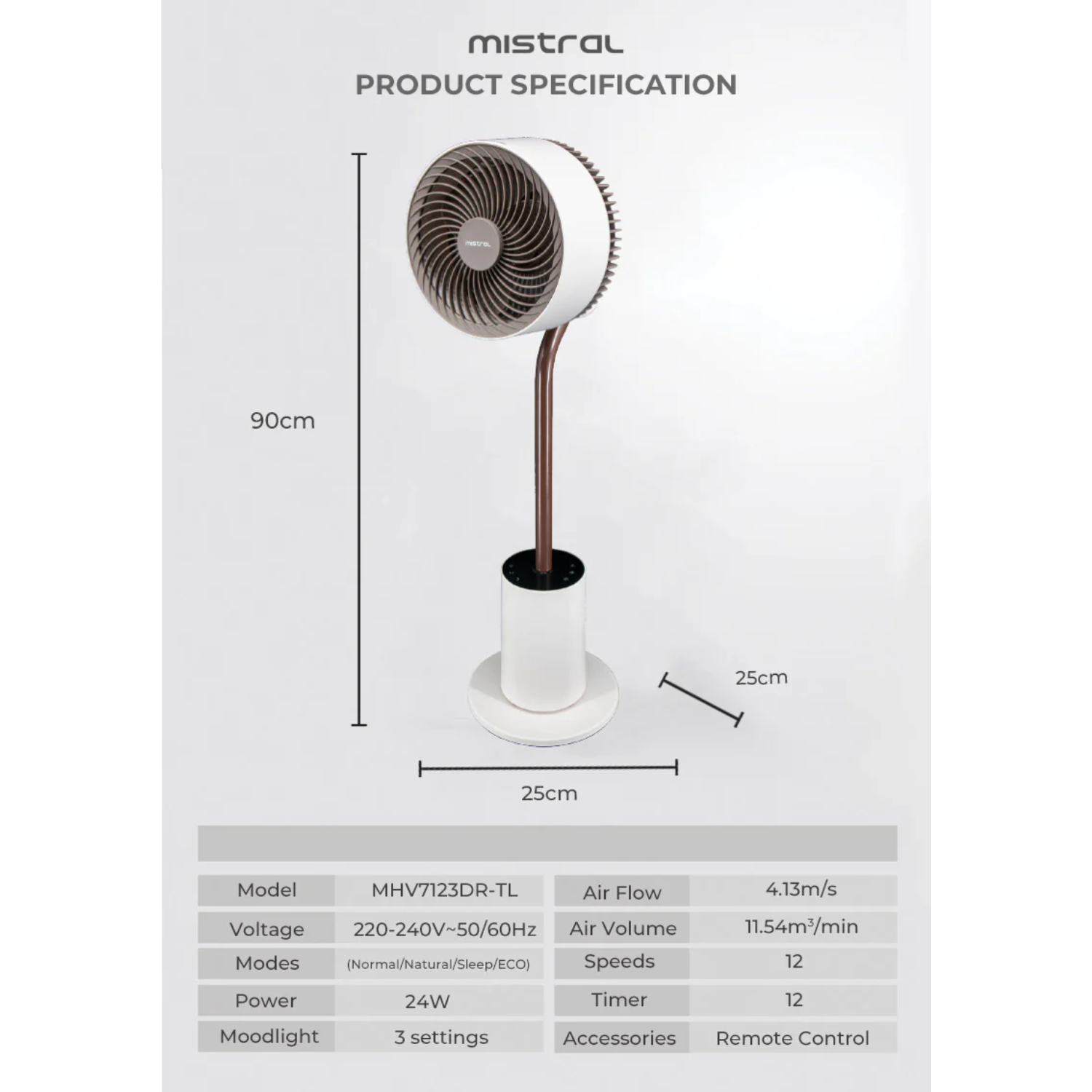 Mistral MHV7123DR-TL - 7" DC High Velocity Moodlight Fan with Remote