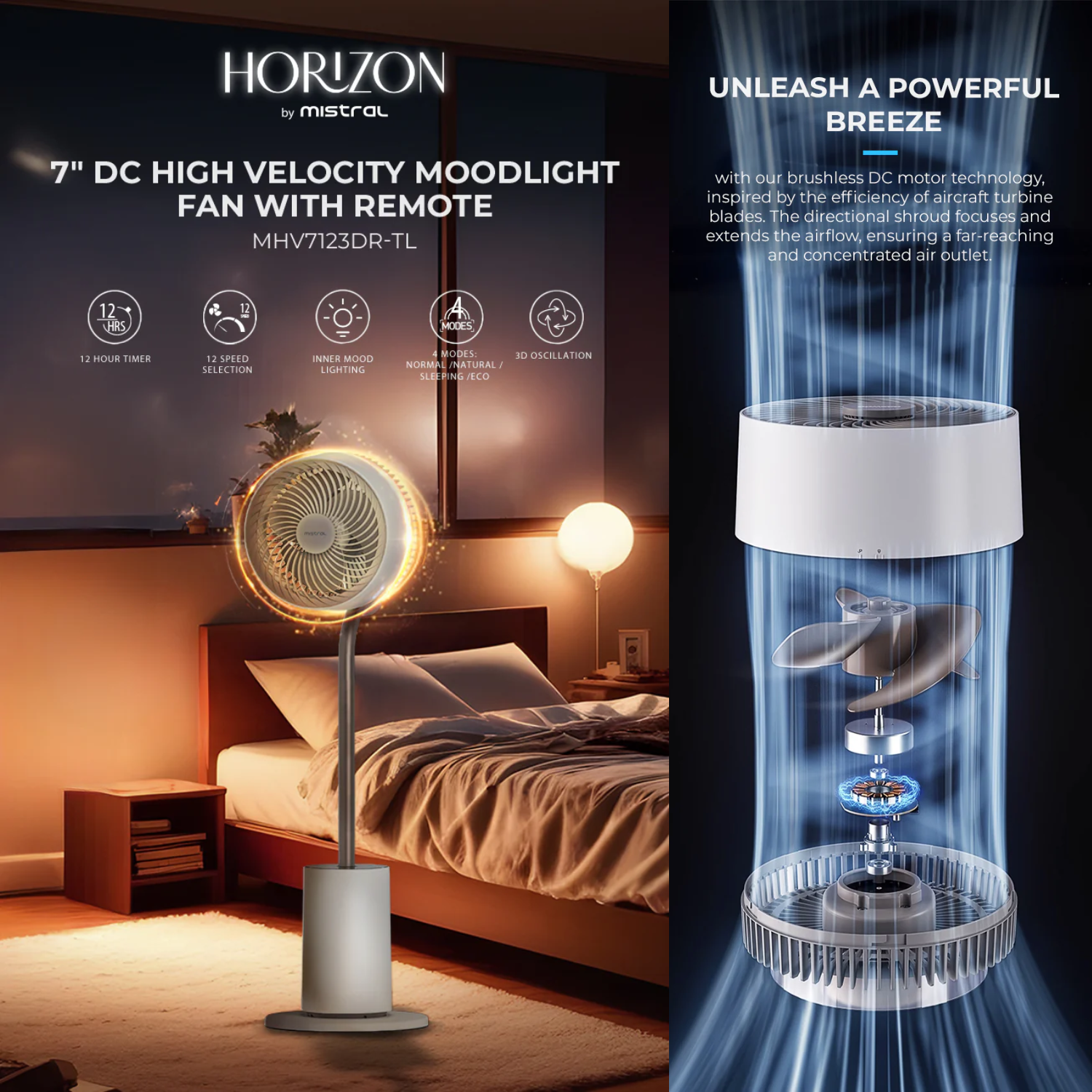 Mistral MHV7123DR-TL - 7" DC High Velocity Moodlight Fan with Remote